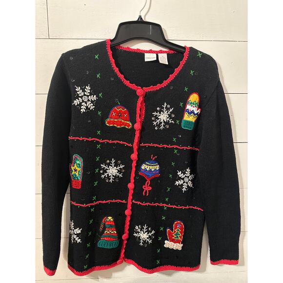 Cherokee Women’s Black Christmas Vintage Knit Sweater Size Medium Button Up - Picture 1 of 9